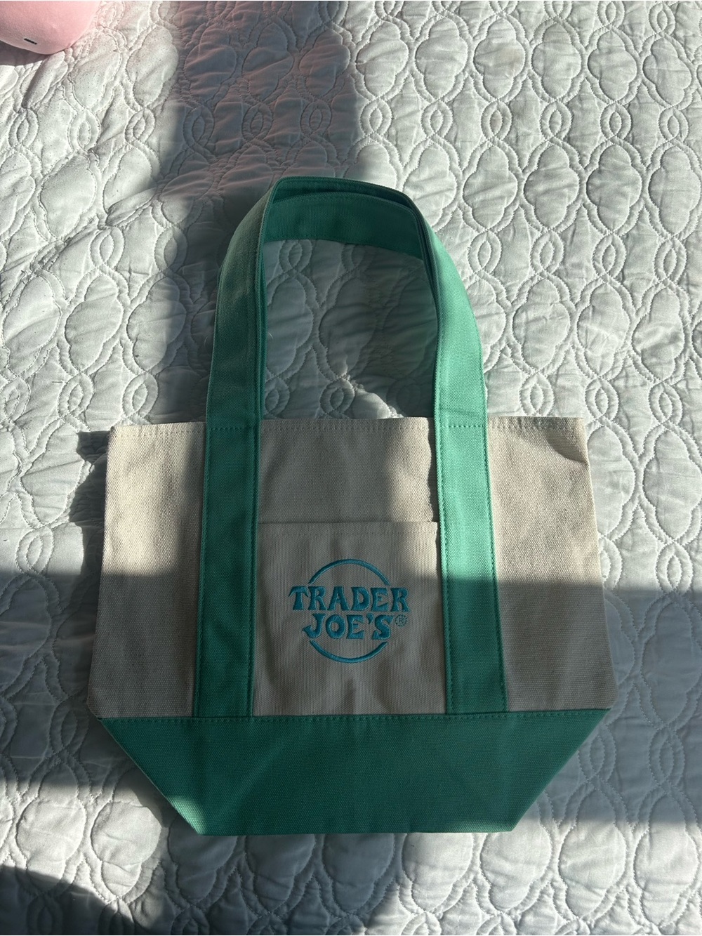 Trader Joe's Cream Canvas Tote with Teal Accents